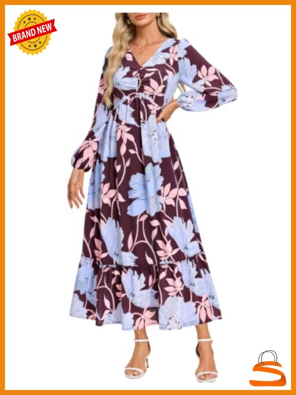 Women's V-Neck Floral Long Sleeve Maxi Wedding Guest Dress
